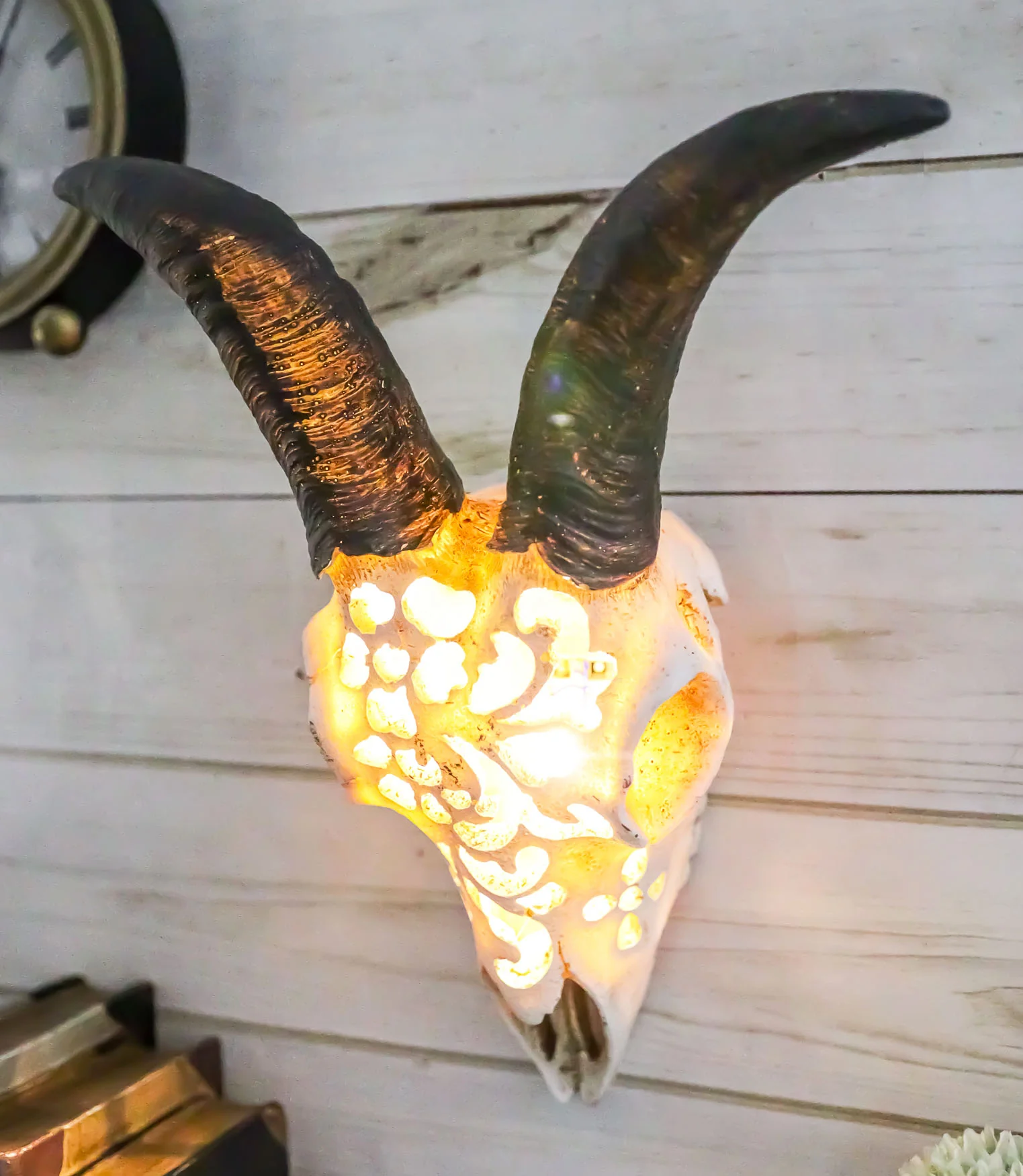 Country Tooled Filigree Shetland Sheep Ram Aged Bone Skull LED Light Wall Decor - Image 3