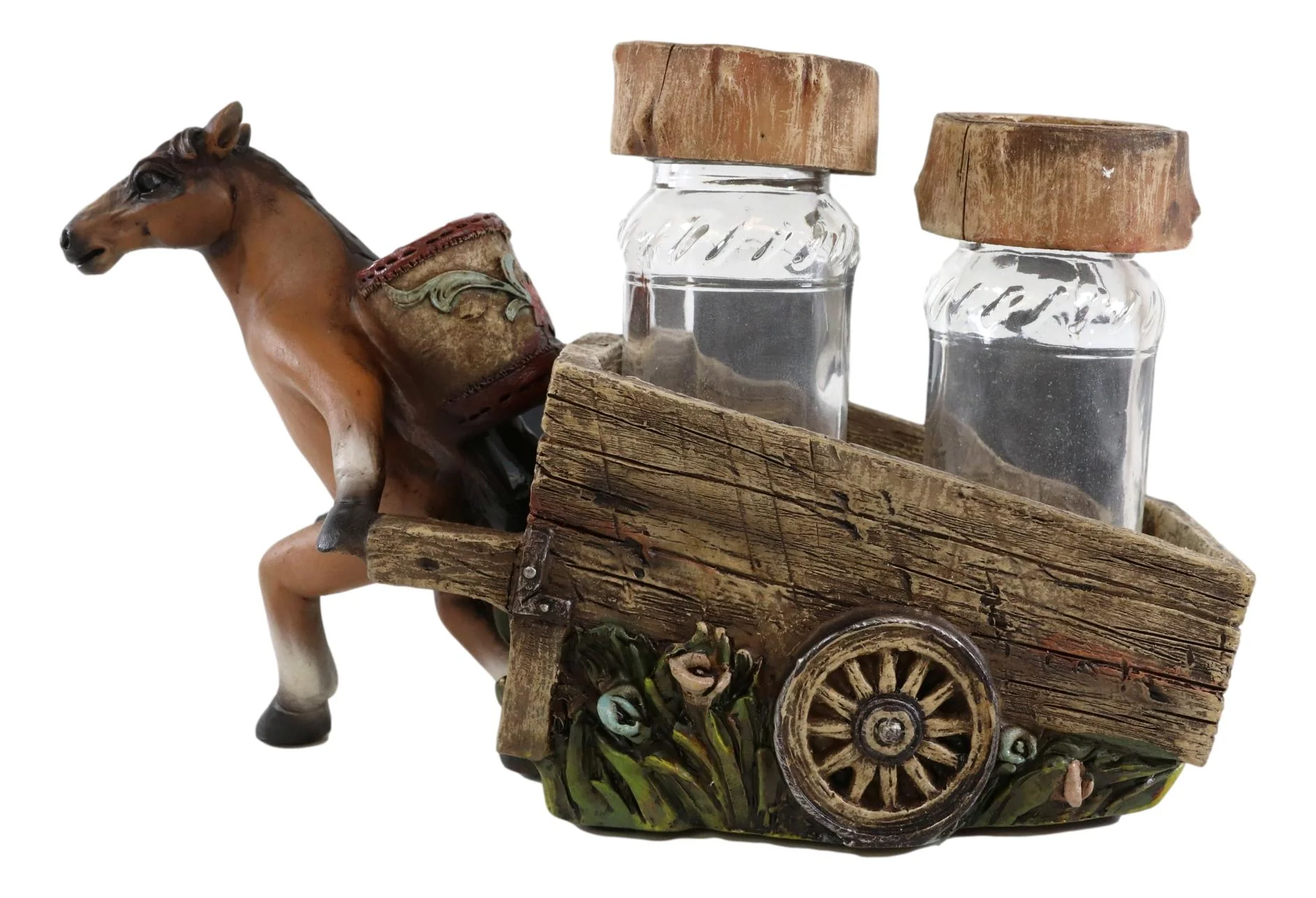 Country Western Brown Horse Pulling Cart Wagon Salt Pepper Shakers Holder Set - Image 2