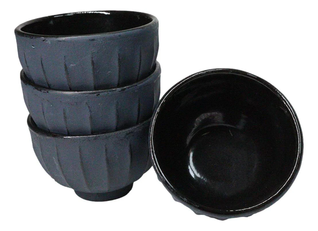 Dark Gray Ridged Lines Japanese Tetsubin Style Cast Iron Tea Cups Set of 4 - Image 3