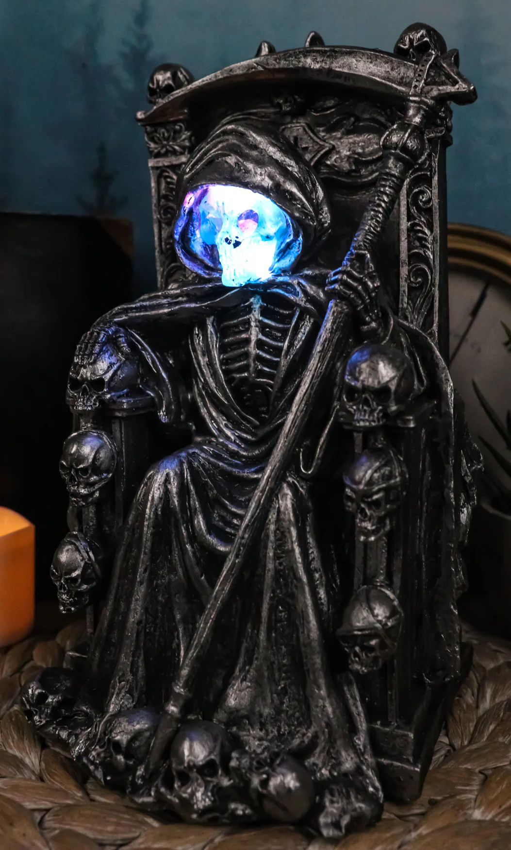 Dark Lord Grim Reaper Skeleton On Throne With LED Light Ghastly Face Figurine - Image 10