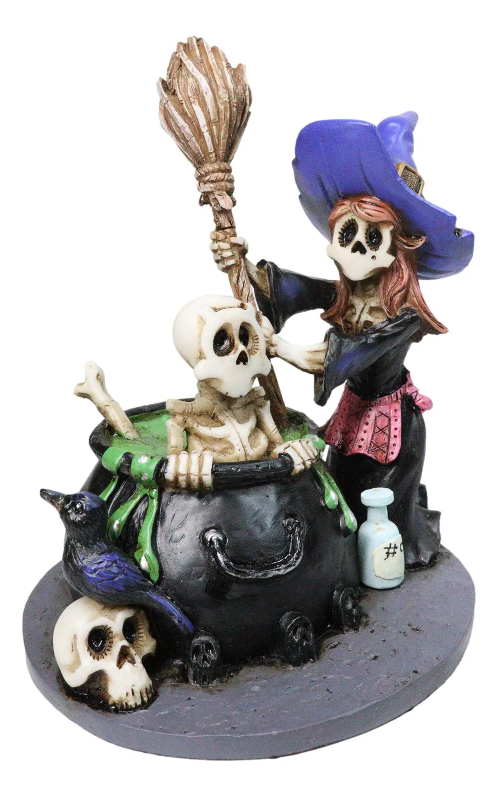 Day Of The Dead Bewitching Kitchen Skeleton Witch Raven Potion Cauldron Figurine - Image 3