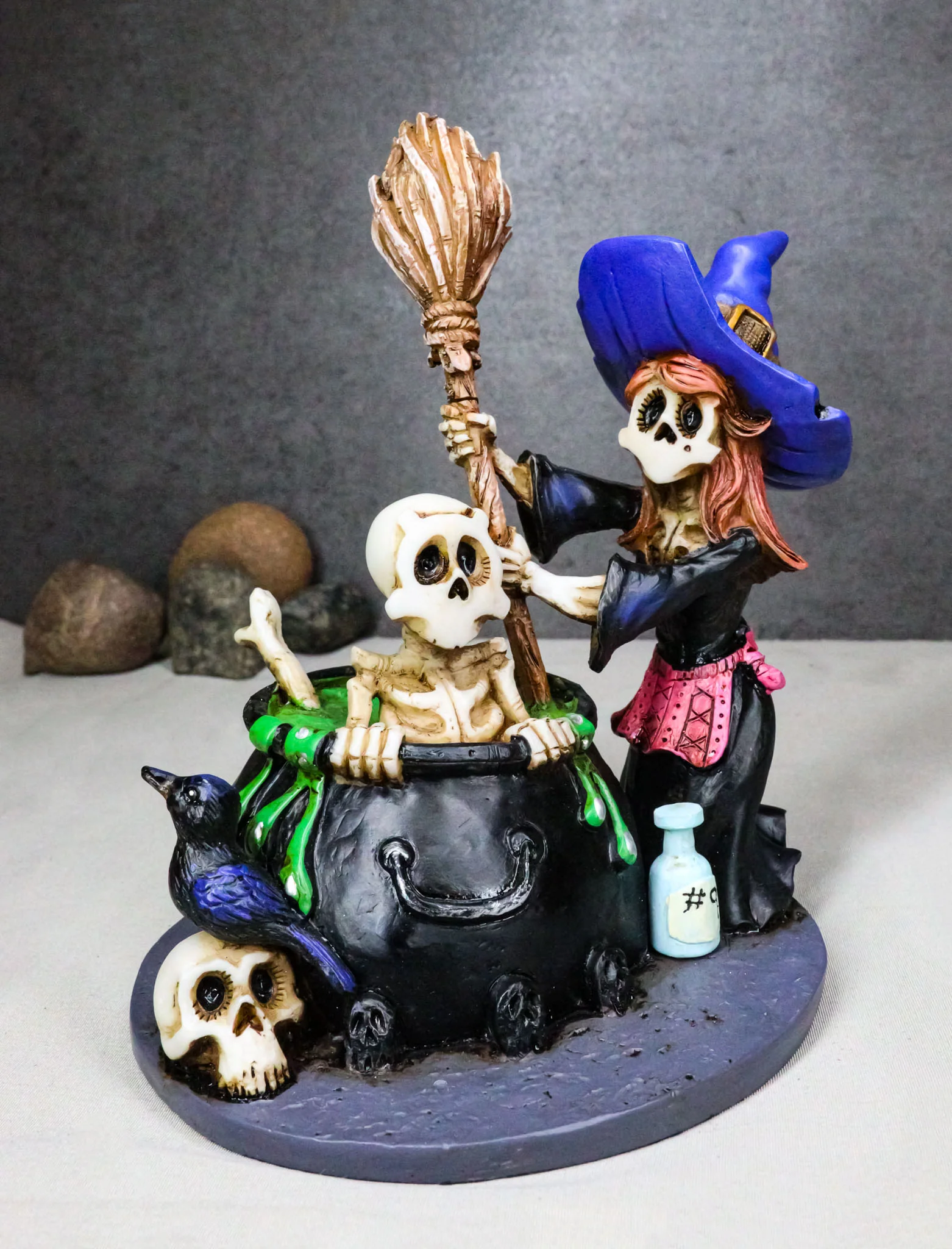 Day Of The Dead Bewitching Kitchen Skeleton Witch Raven Potion Cauldron Figurine - Image 8