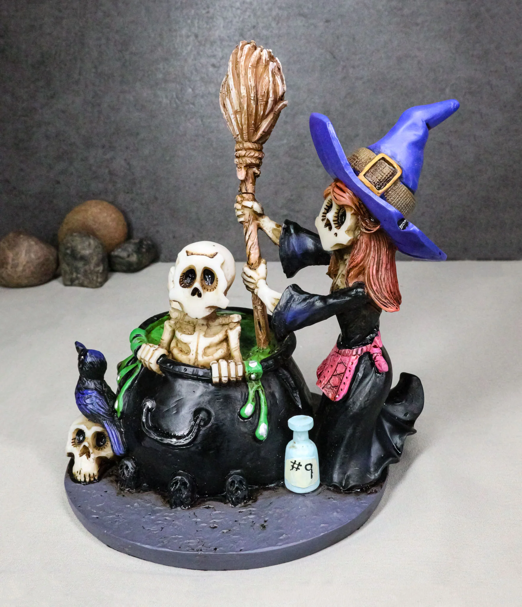 Day Of The Dead Bewitching Kitchen Skeleton Witch Raven Potion Cauldron Figurine - Image 9
