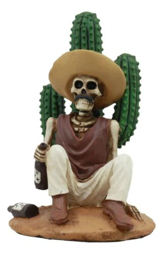 Day of The Dead El Borracho Drunk Desert Bandit By Cactus Skeleton Statue - Image 3