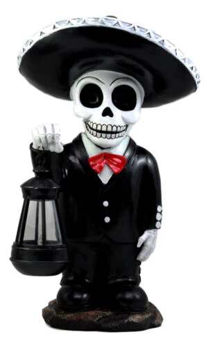 Day Of The Dead Skeleton Mariachi Singer Statue With Solar Powered Lantern LED - Image 2