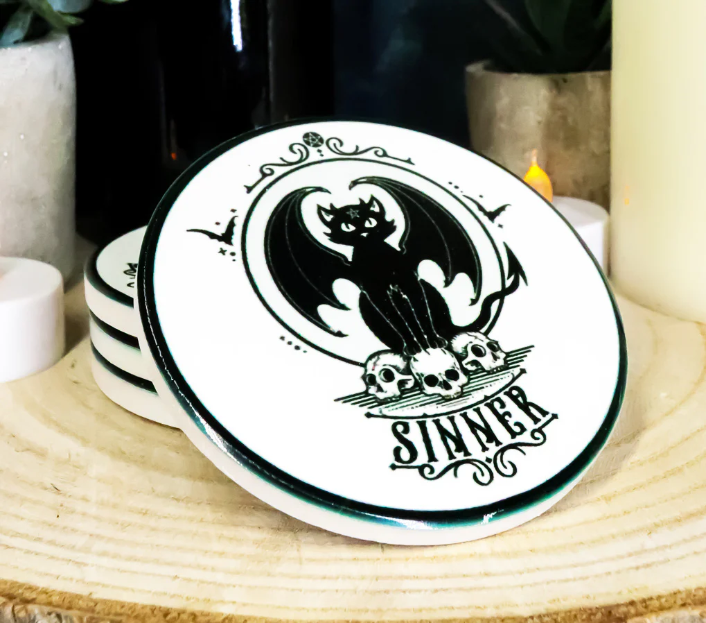 Devil Black Cat Skulls Sinner Ceramic Coaster Set of 4 Tiles With Cork Backing - Image 2