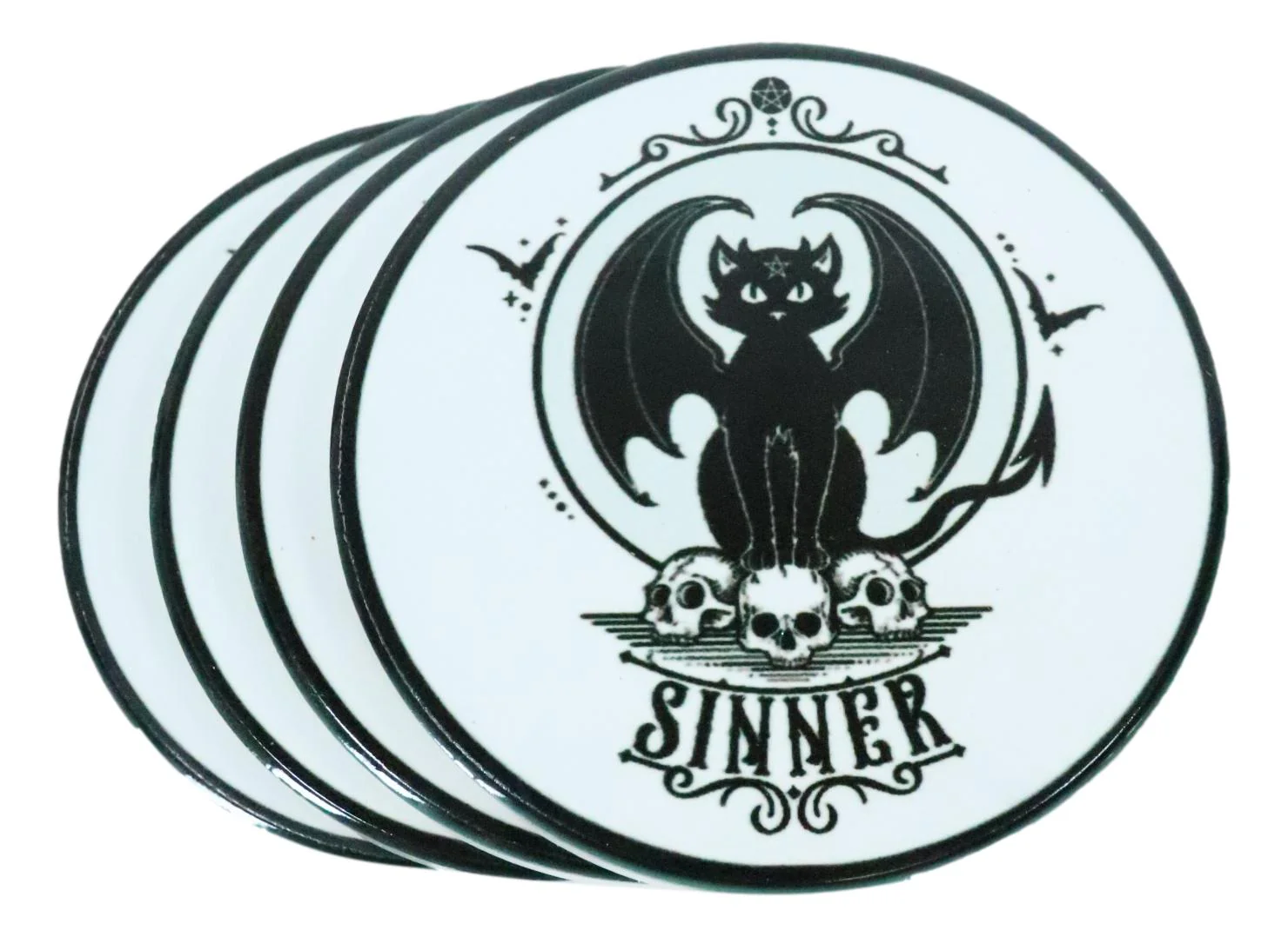 Devil Black Cat Skulls Sinner Ceramic Coaster Set of 4 Tiles With Cork Backing - Image 3