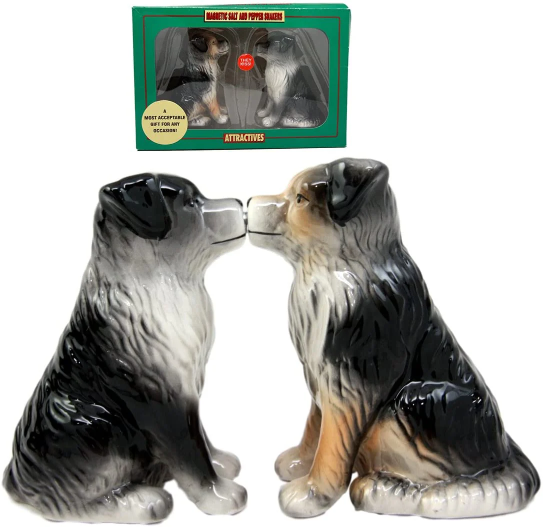 Dog Australian Shepherd Salt & Pepper Shakers Ceramic Magnetic Figurine Set 3"L - Image 2