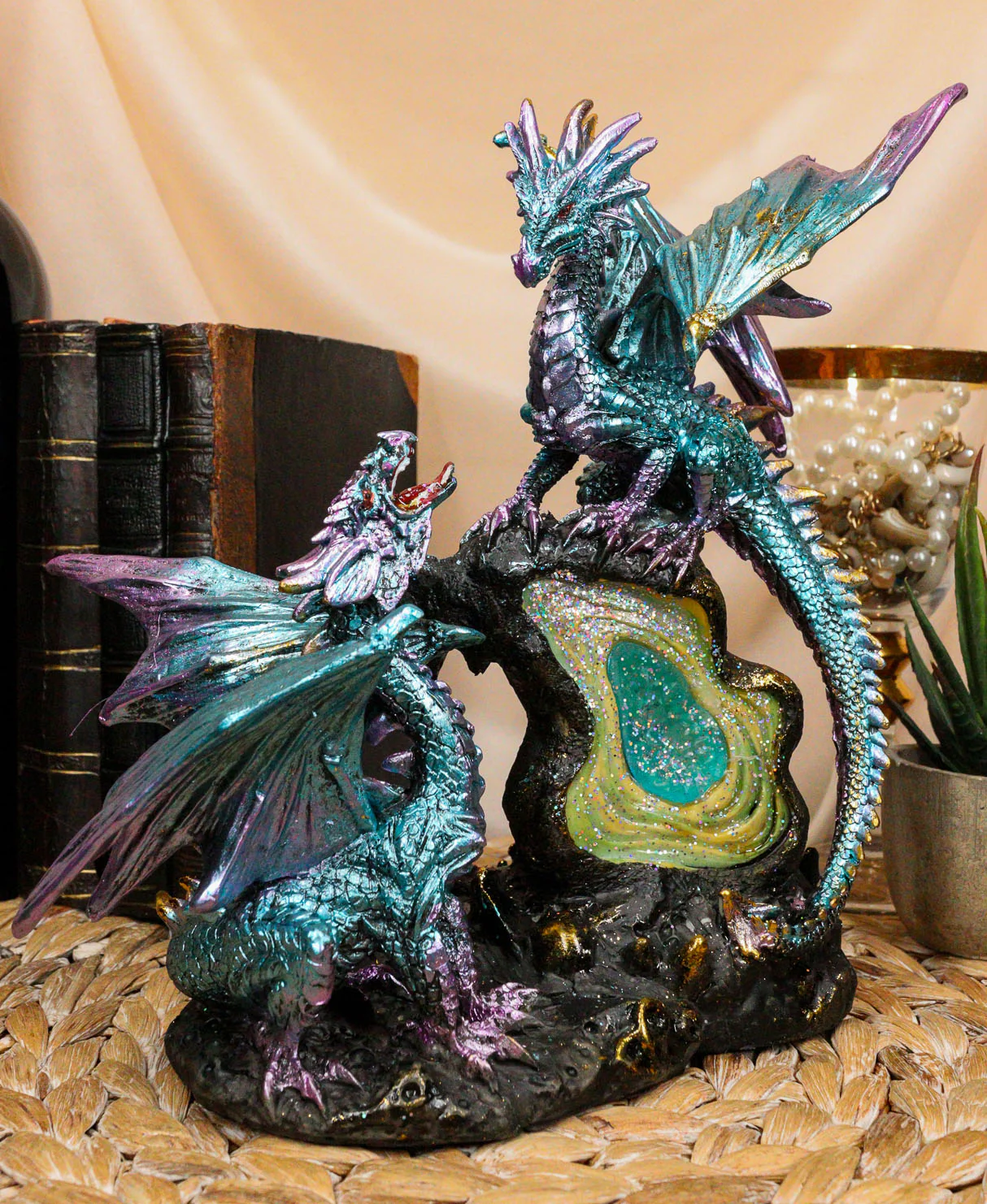 Dueling Dragons Family On Faux Emerald Quartz Geode LED Light Mountain Figurine - Image 10
