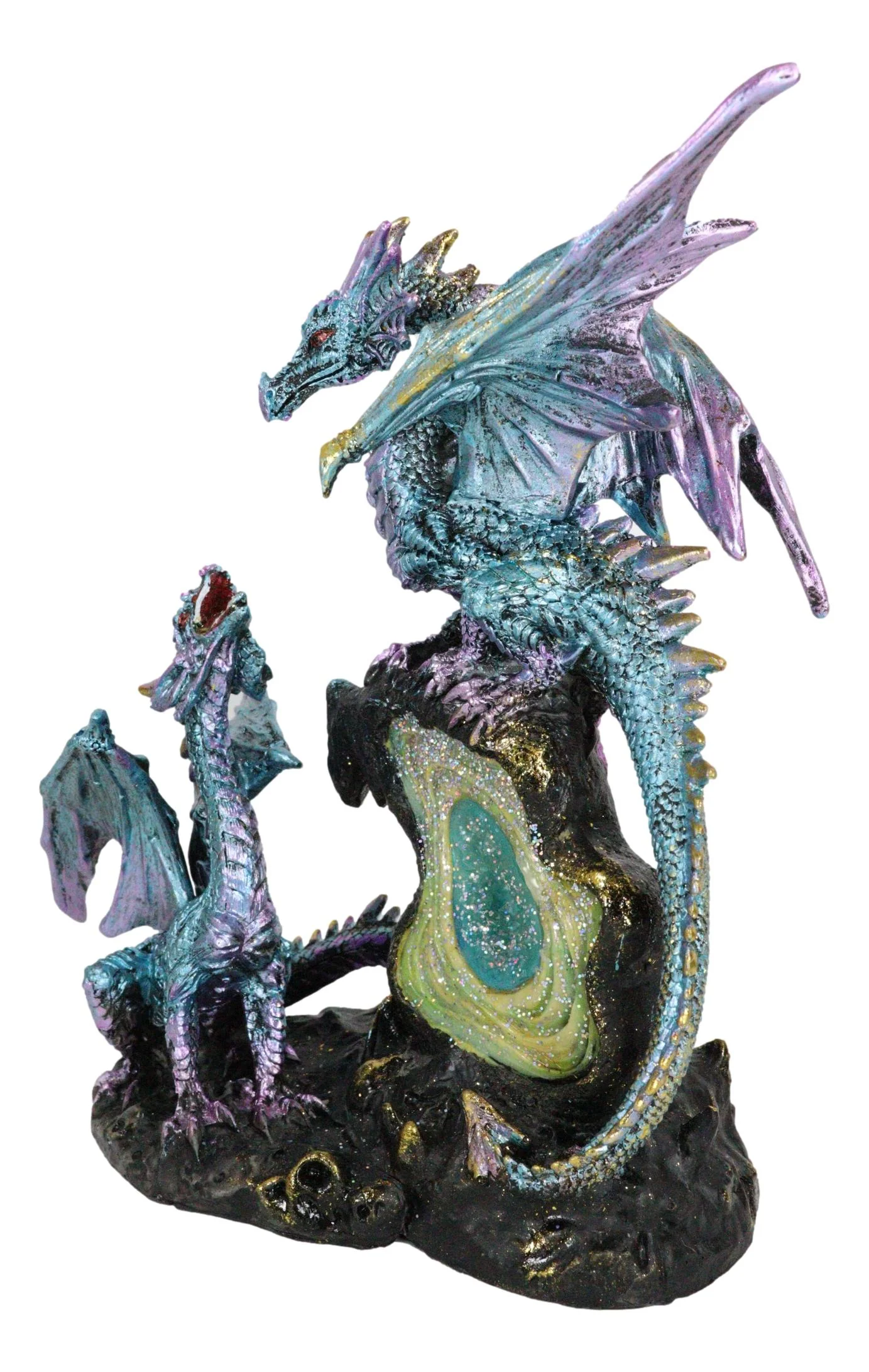 Dueling Dragons Family On Faux Emerald Quartz Geode LED Light Mountain Figurine - Image 5
