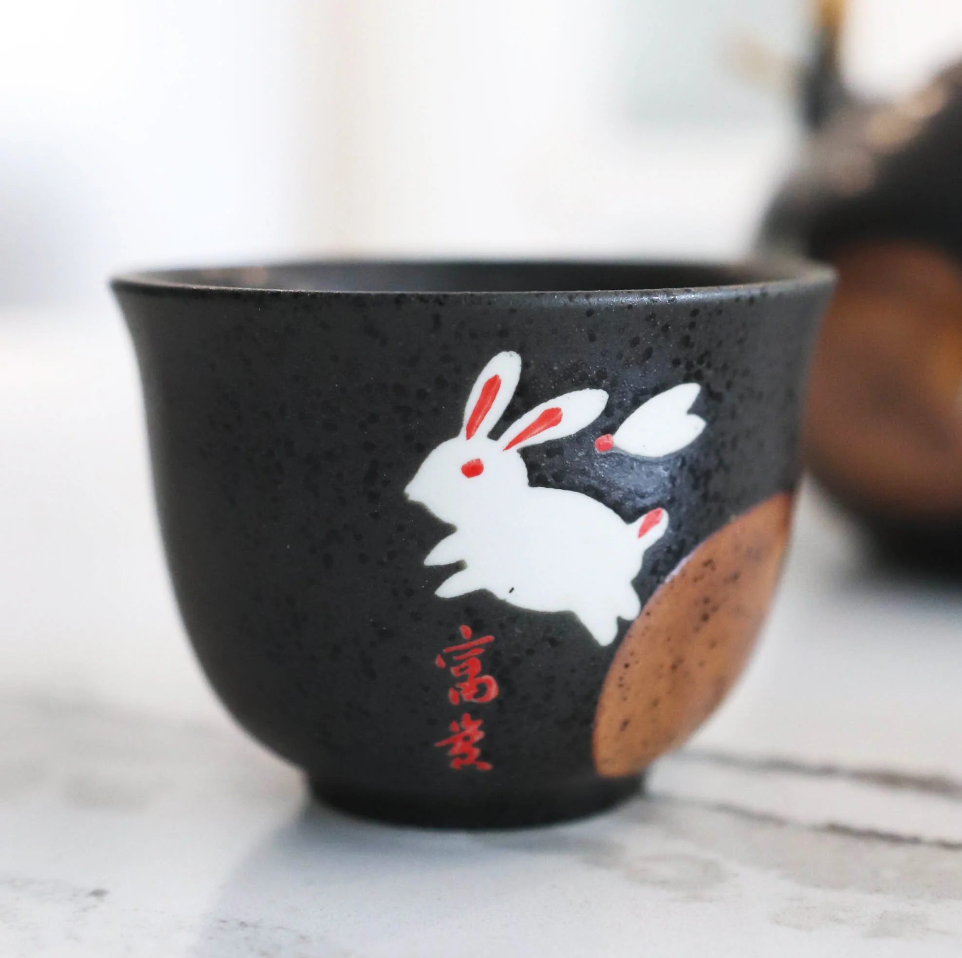 Eastern Folk Zen White Moon Rabbit Hare Black Ceramic Tea Pot With 4 Cups Set - Image 2