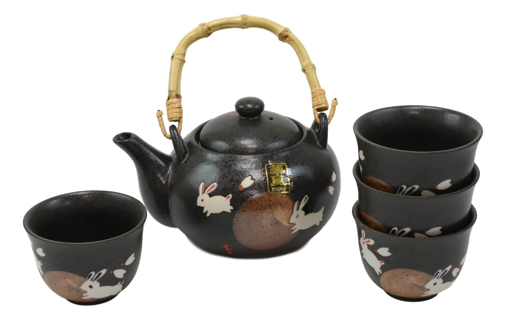 Eastern Folk Zen White Moon Rabbit Hare Black Ceramic Tea Pot With 4 Cups Set - Image 4