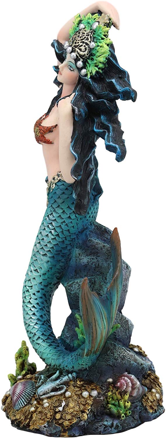 Ebros 11"H Nautical Turquoise Tail Mermaid Pearl Crown Princess By Treasures Statue - Image 3
