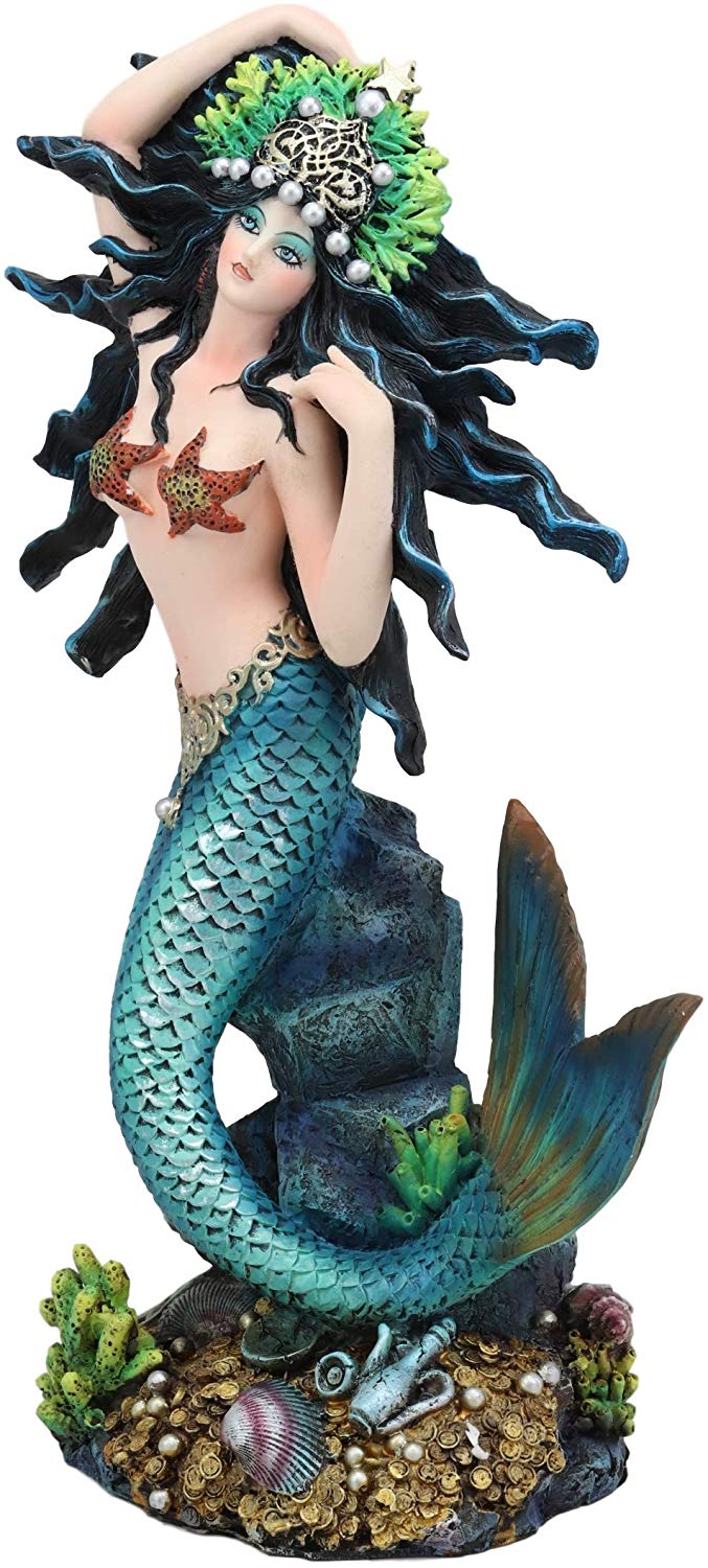 Ebros 11"H Nautical Turquoise Tail Mermaid Pearl Crown Princess By Treasures Statue - Image 4