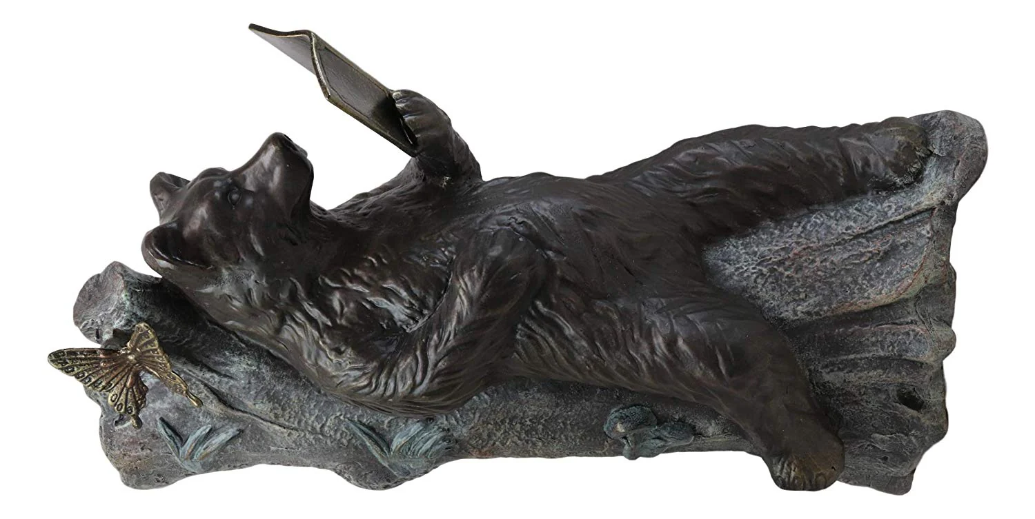 Aluminum Whimsical Butterfly And Bear Resting On Tree Trunk Reading Book Statue - Image 3