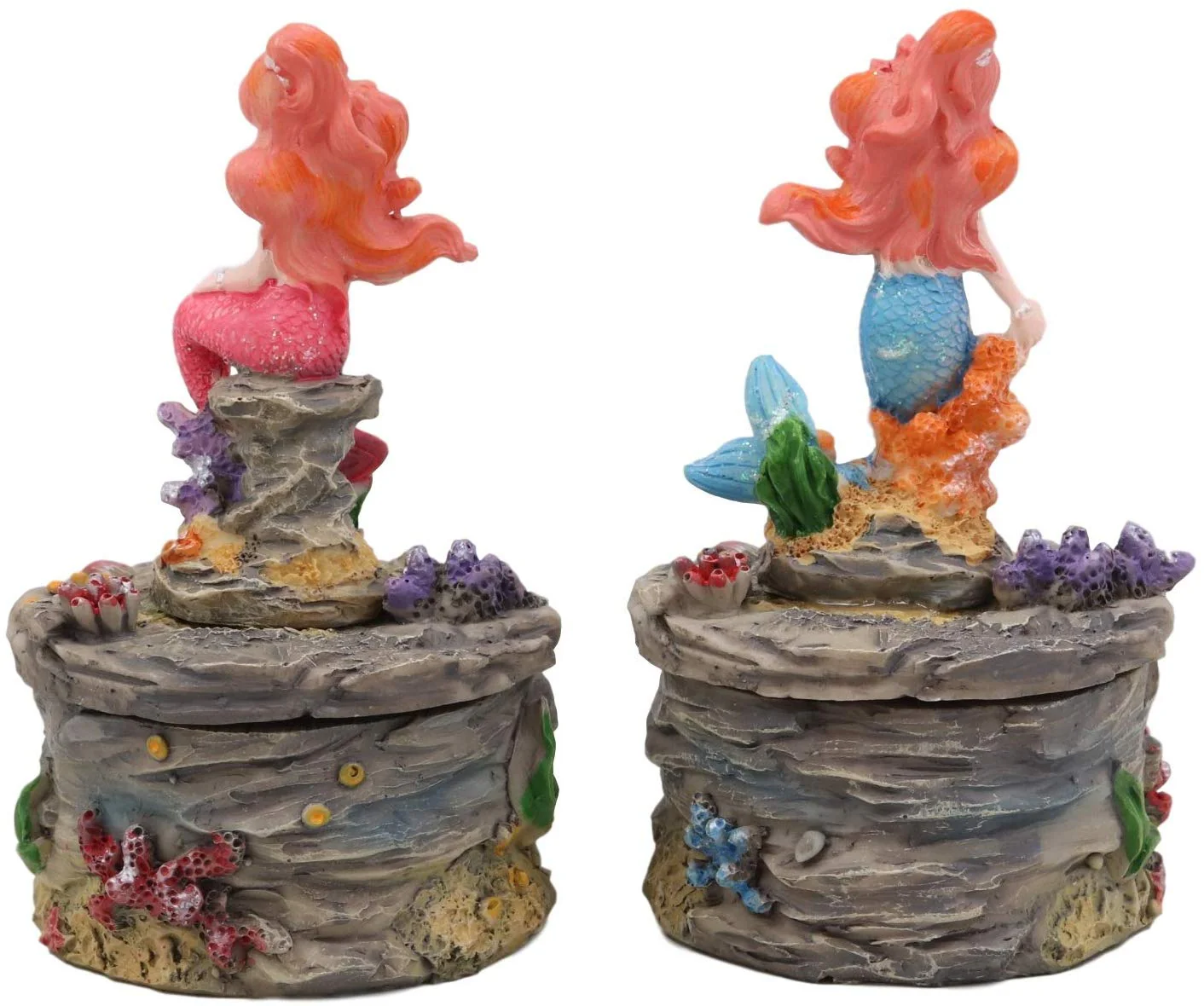 Ebros 4" Tall Blue and Pink Tailed Mermaid Mergirl Sisters Sitting On Coral Rocks Decorative Box Figurine Set of 2 - Image 5
