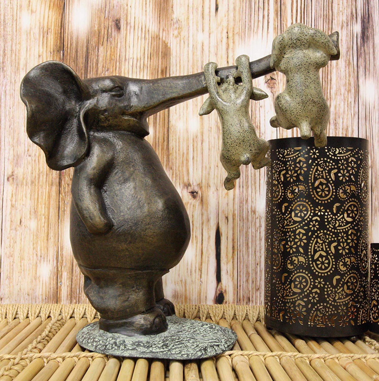 Ebros Aluminum Elephant With Two Playful Rabbits Hanging On Its Trunk Statue - Image 5
