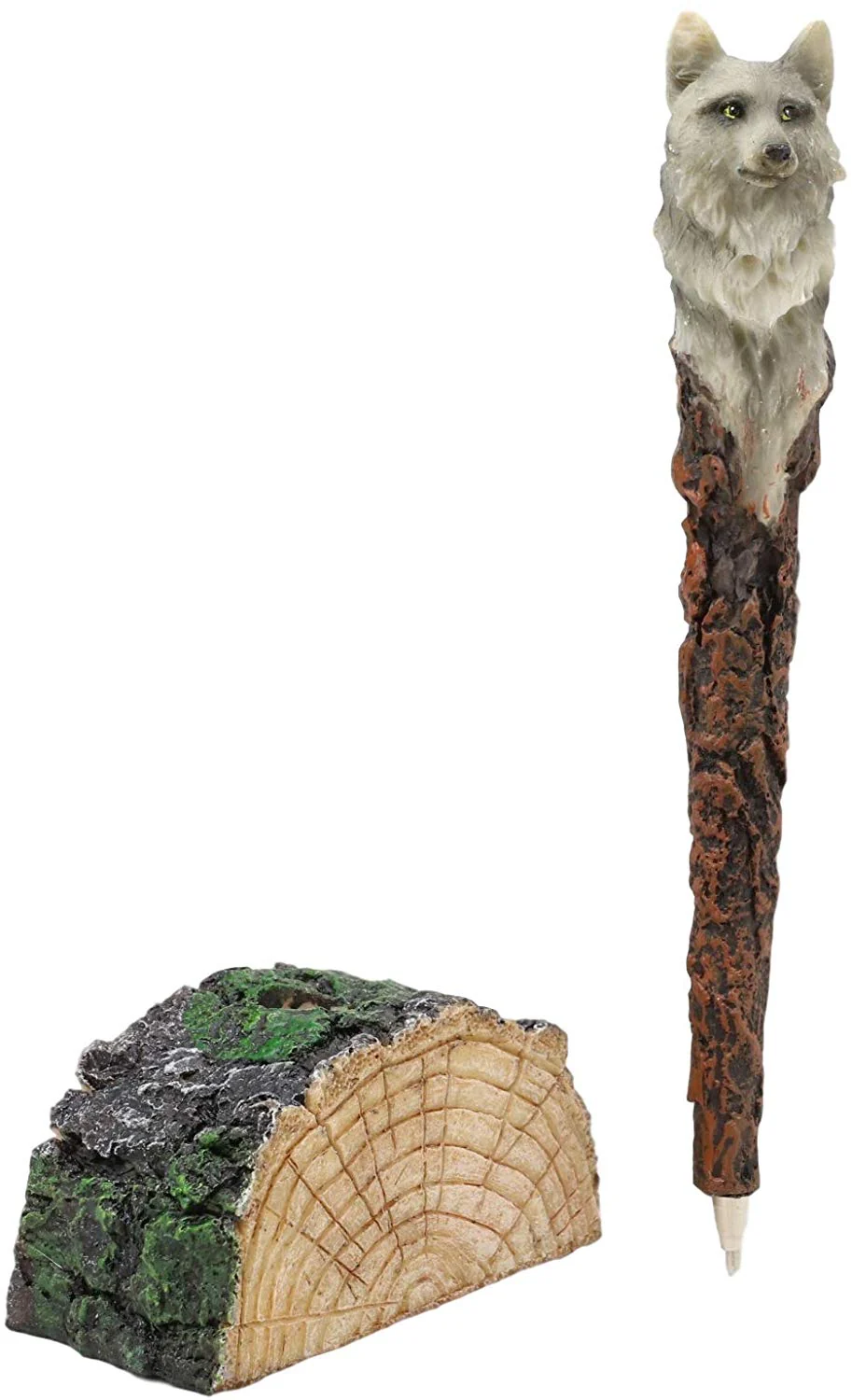 Ebros Celtic Alpha Wolf Hand Painted Pen with Rustic Tree Bark Holder Stand - Image 5