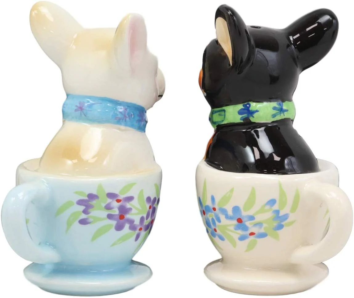 Ceramic Teacup Black White Chihuahua Dogs Kissing Salt And Pepper Shakers Set - Image 2