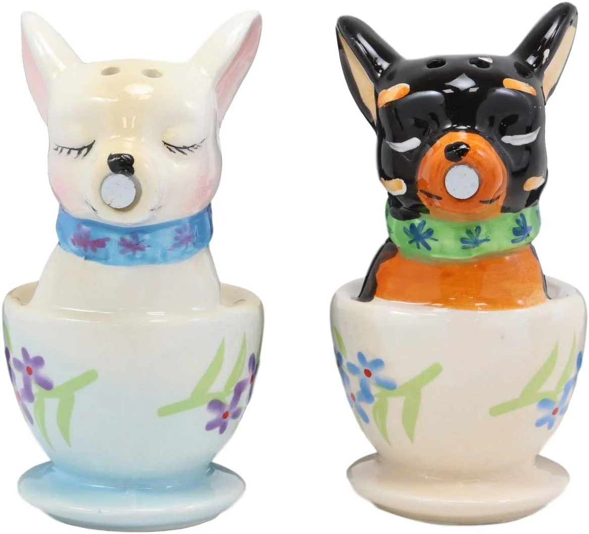 Ceramic Teacup Black White Chihuahua Dogs Kissing Salt And Pepper Shakers Set - Image 3