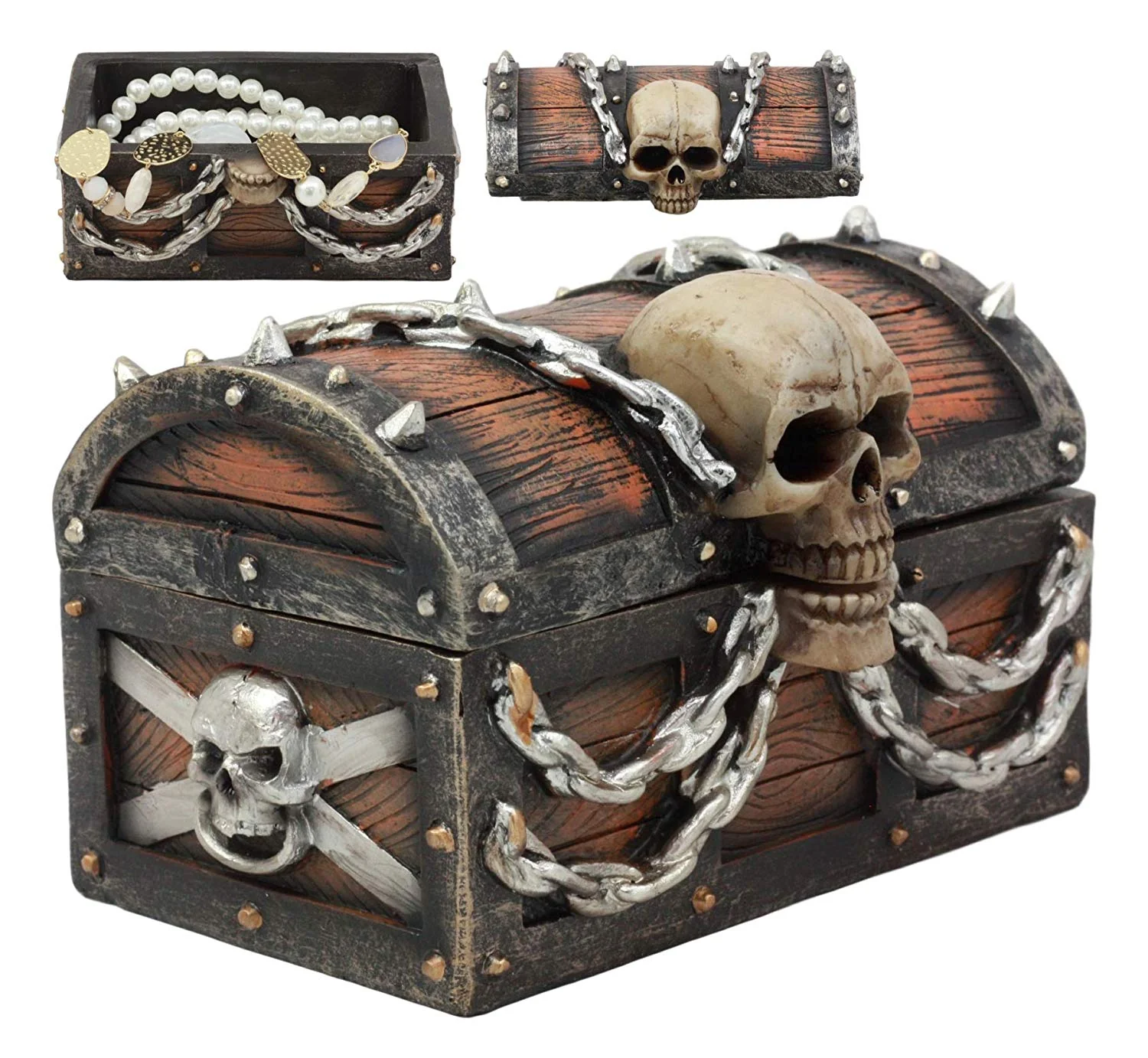 Ebros Chained Skull On Pirate Treasure Chest Jewelry Trinket Box 6" Wide - Image 3