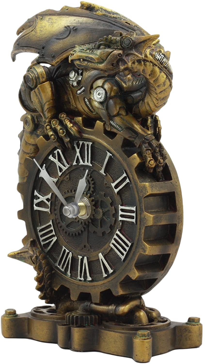 Chronos Resting Steampunk Cyborg Dragon Table Clock Statue Painted Gearwork Art - Image 3