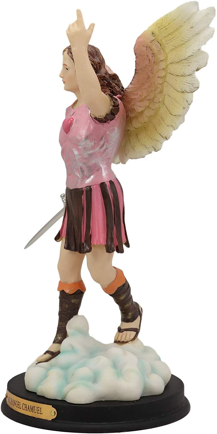 Catholic Church Colorful Archangel Chamuel With Red Heart And Sword Statue 10"H - Image 2