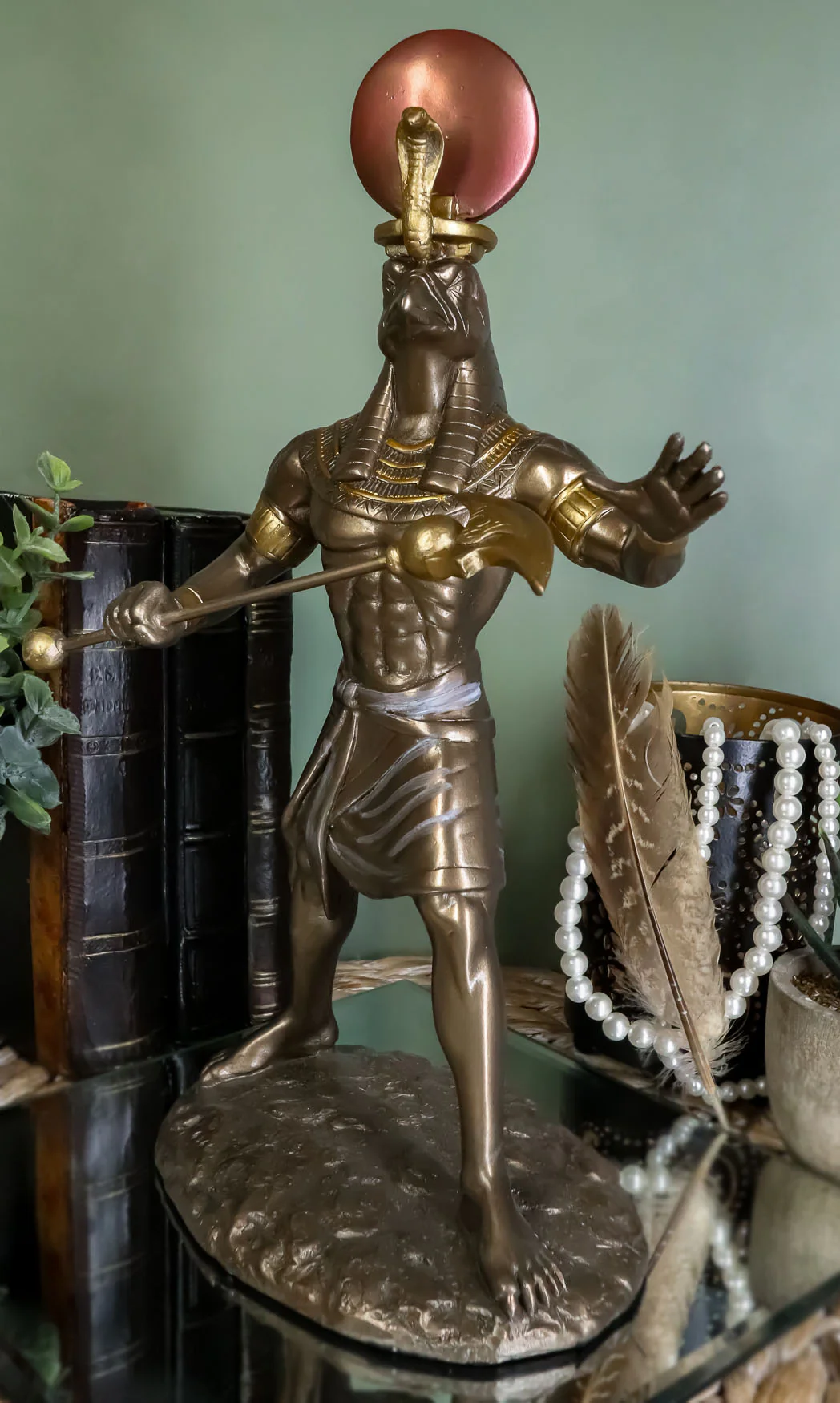Ebros Egyptian Mythology God Horus Ra with Sun and Uraeus Disc Statue in Faux Bronze Resin Gods of Egypt Deity of War & Sky Falcon Heru Figurine 11" Tall Home Decor Sculpture - Image 5