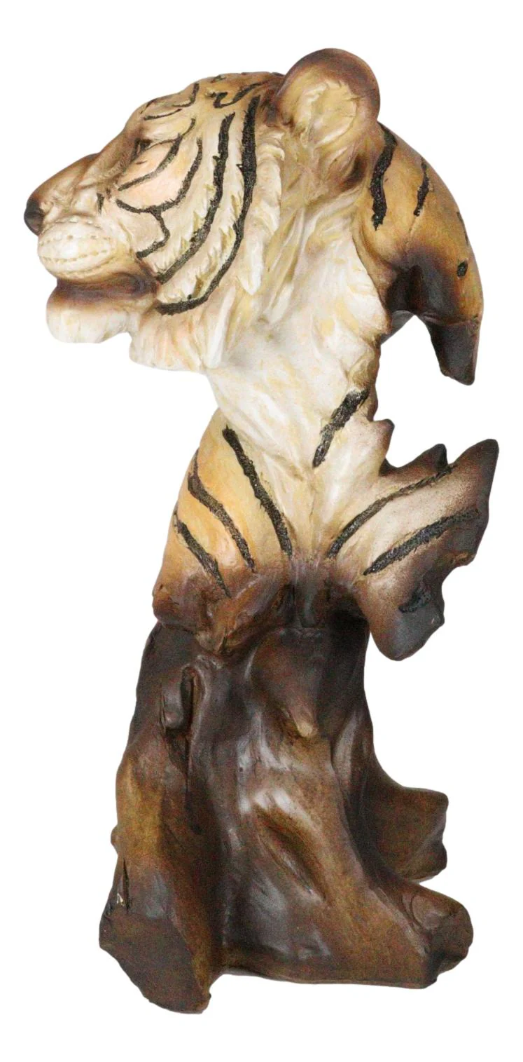 Faux Wood Large Exotic Jungle Wildlife Orange Bengal Tiger Bust Statue 11"Tall - Image 3