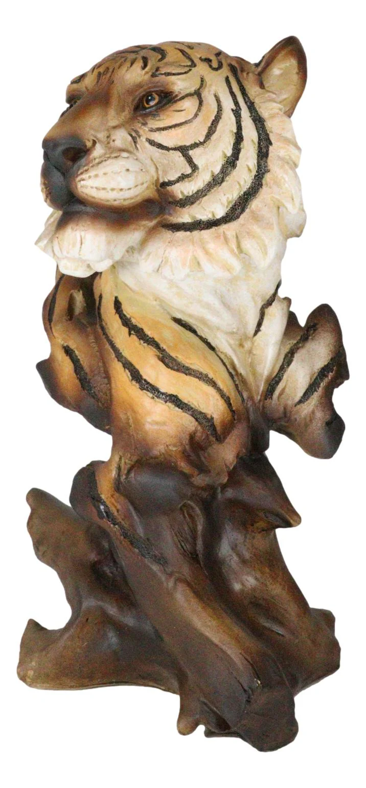 Faux Wood Large Exotic Jungle Wildlife Orange Bengal Tiger Bust Statue 11"Tall - Image 4