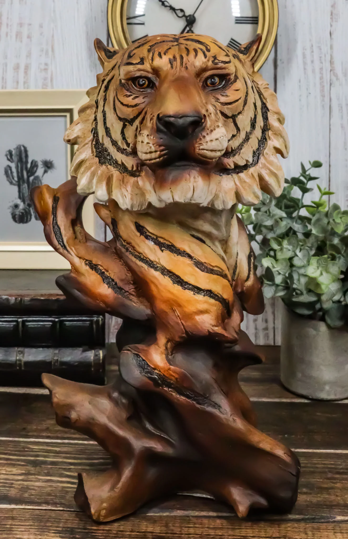 Faux Wood Large Exotic Jungle Wildlife Orange Bengal Tiger Bust Statue 11"Tall - Image 9