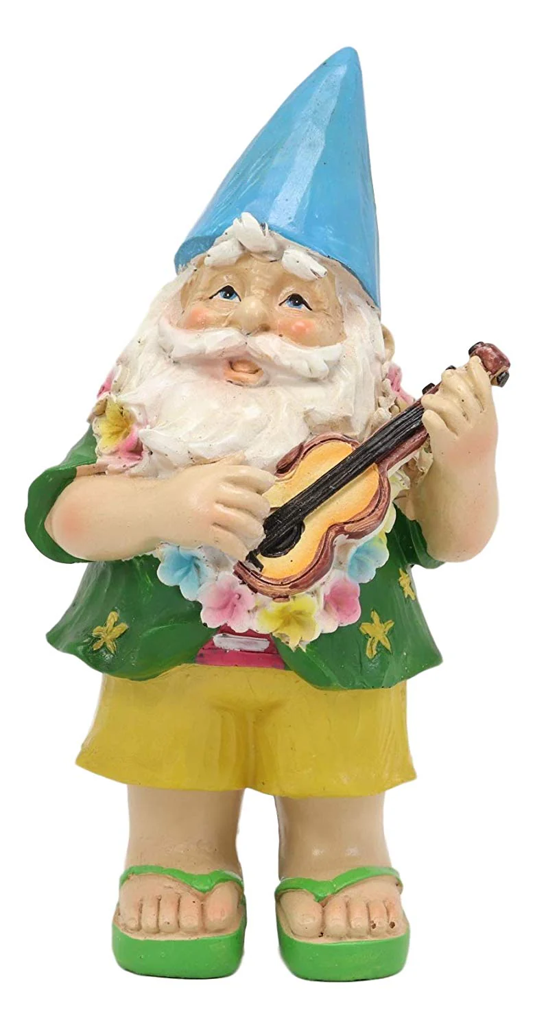 Ebros Free Spirited Hippie Hawaii Themed Vacation Fairy Garden Gnome Figurines Set of 4 DIY Mr and Mrs Gnomes Ukulele Surfer Aloha Hula Dancer Collection Statue Home Decor - Image 4
