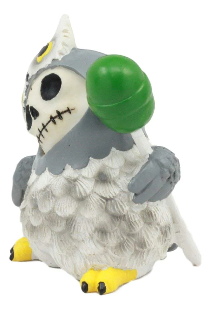 Ebros Furry Bones Hootie The Snow Owl Skeleton Figurine 3" H Furrybones Wise Owl With Green Lollipop Costume Hooded Skull Monster Collectible Sculpture Decorative Toy - Image 2