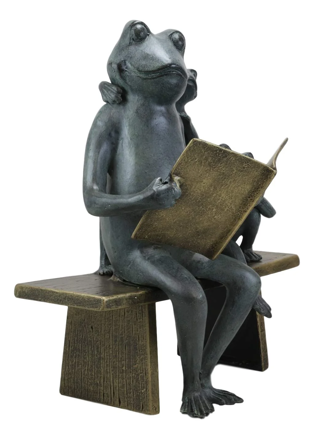 Aluminum Whimsical Daddy Frog Reading Story Book to Kids On Bench Garden Statue - Image 5