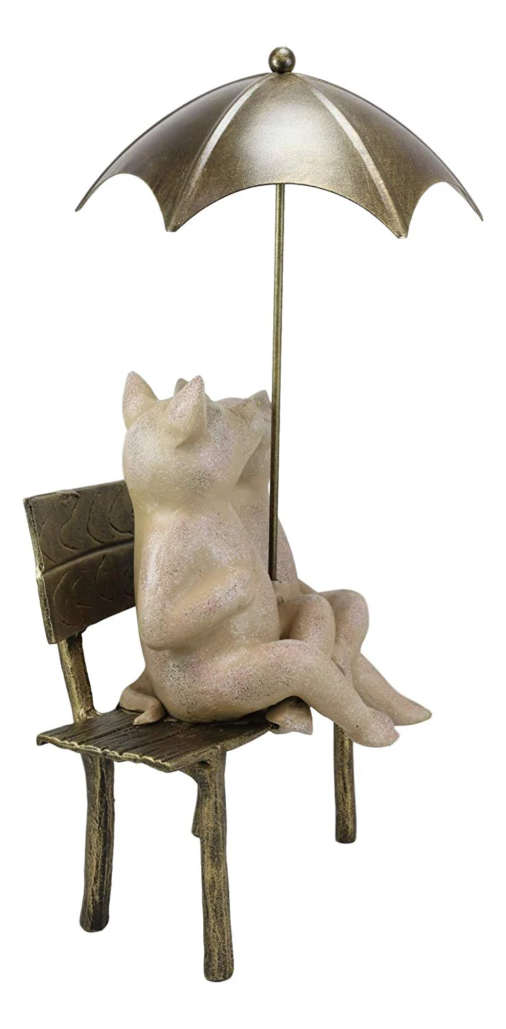 Ebros Gift 19" Tall Aluminum Metal Romance in The Rain Pig Couple Sitting On Park Bench with Umbrella Garden Statue Pigs Patio Pool Pond Lawn Yard Country Farm Decorative Rustic Sculpture Accent - Image 2