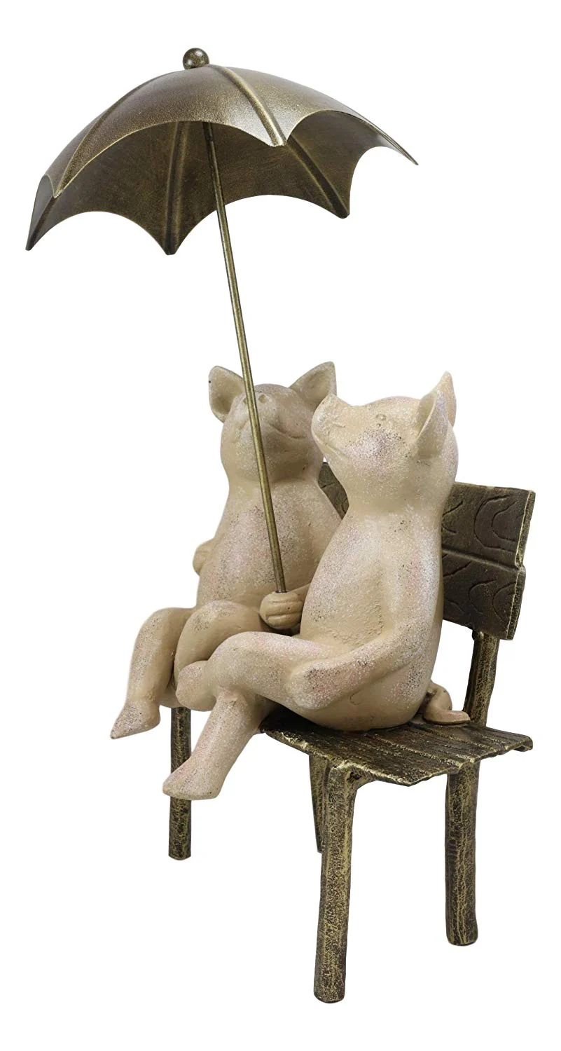 Ebros Gift 19" Tall Aluminum Metal Romance in The Rain Pig Couple Sitting On Park Bench with Umbrella Garden Statue Pigs Patio Pool Pond Lawn Yard Country Farm Decorative Rustic Sculpture Accent - Image 3