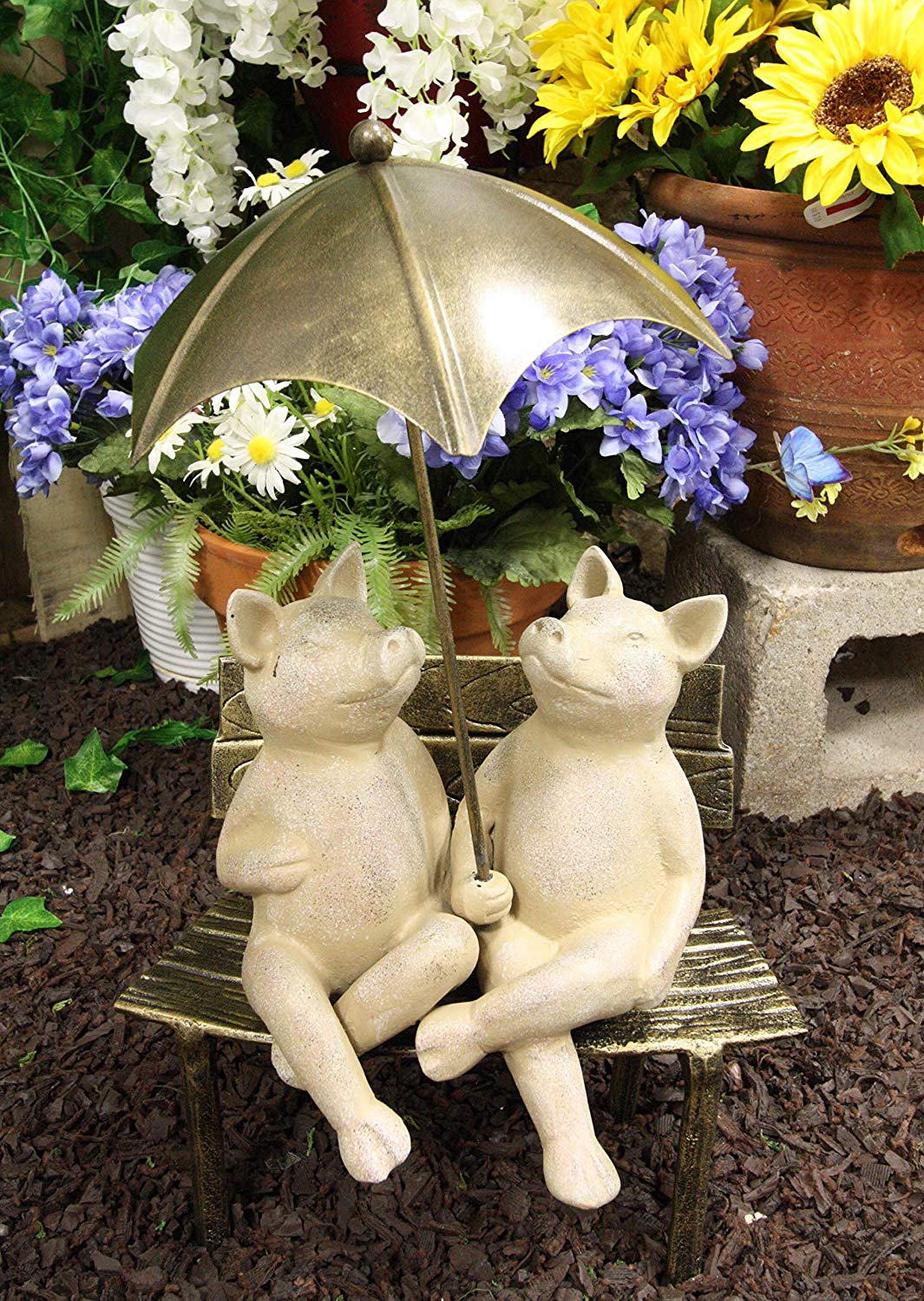 Ebros Gift 19" Tall Aluminum Metal Romance in The Rain Pig Couple Sitting On Park Bench with Umbrella Garden Statue Pigs Patio Pool Pond Lawn Yard Country Farm Decorative Rustic Sculpture Accent - Image 5