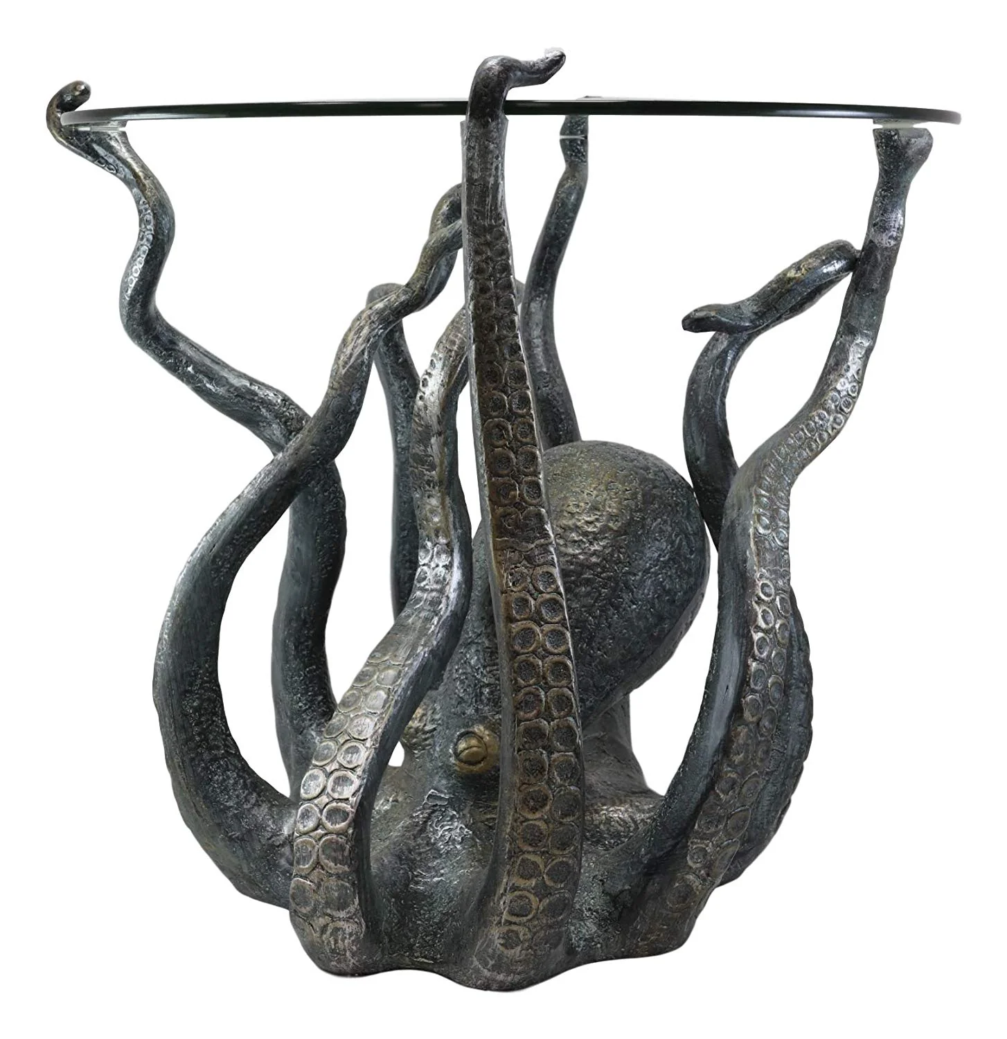 Ebros Gift Aluminum Metal Nautical Ocean Deep Sea Octopus with Raised Tentacle Legs Round Side Coffee Table with Glass Top Furniture Collectible Fantasy Kraken Monster End Tables for Home and Office - Image 3