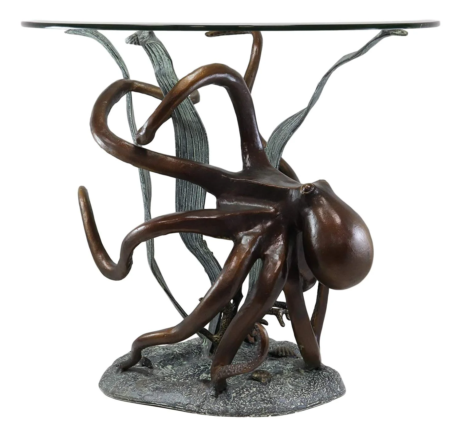 Ebros Gift Aluminum Metal Nautical Ocean Deep Sea Octopus Wrapping Around Seagrass with Starfish Round Side Coffee Table with Glass Top Furniture Collectible Fantasy Kraken Monster Tables - Image 3