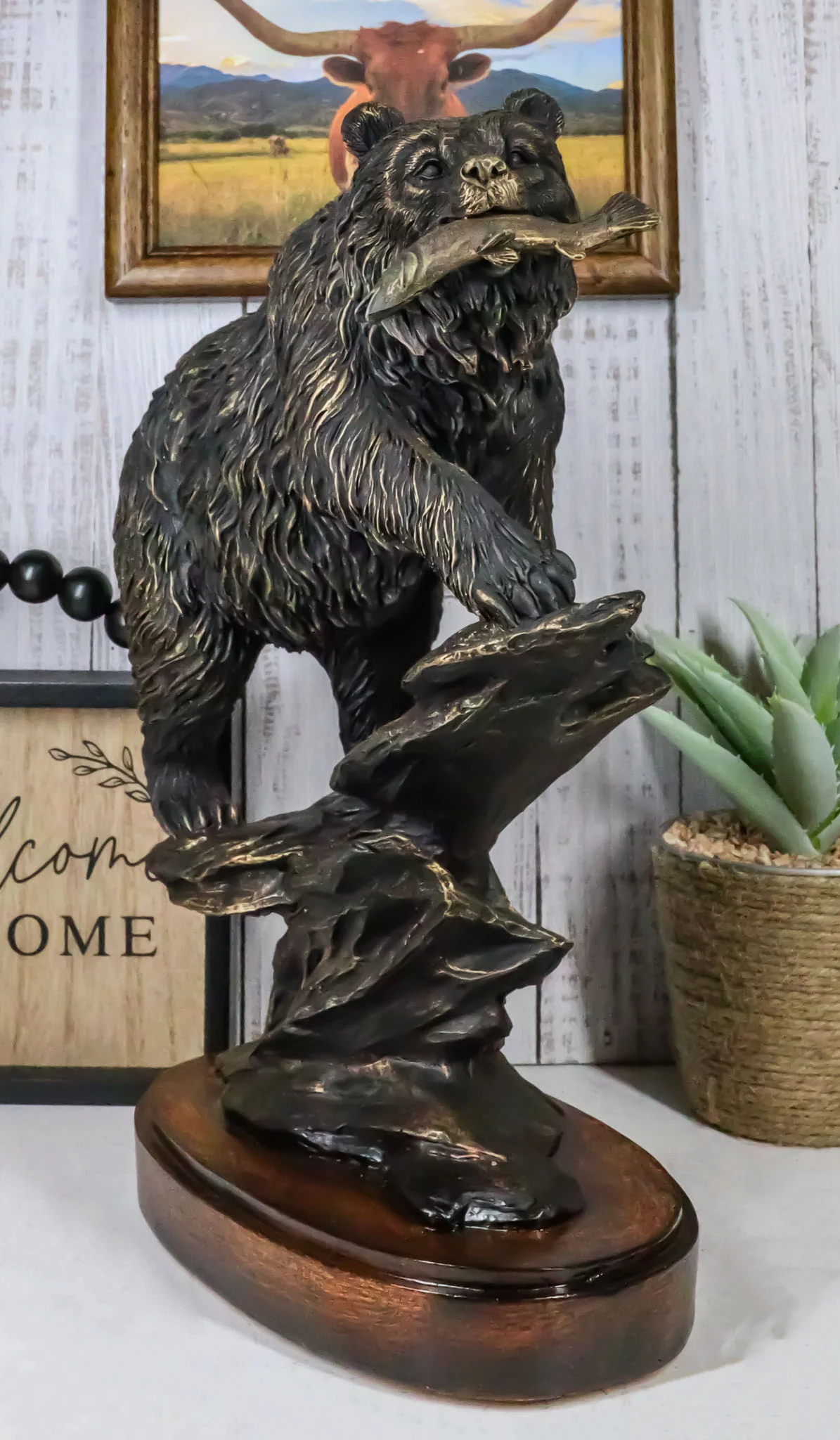 Ebros Gift Black Bear Figurine Biting Fish Climbing Rocky Hills 13.25" H - Image 9