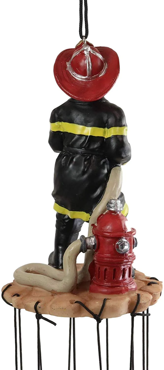 In Line of Duty Fireman With Fire Hose By Red Hydrant Wind Chime Garden Decor - Image 7