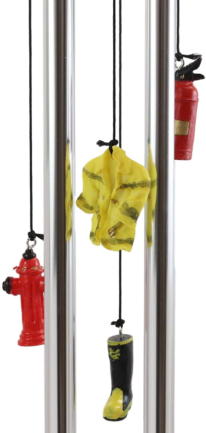 In Line of Duty Fireman With Fire Hose By Red Hydrant Wind Chime Garden Decor - Image 8