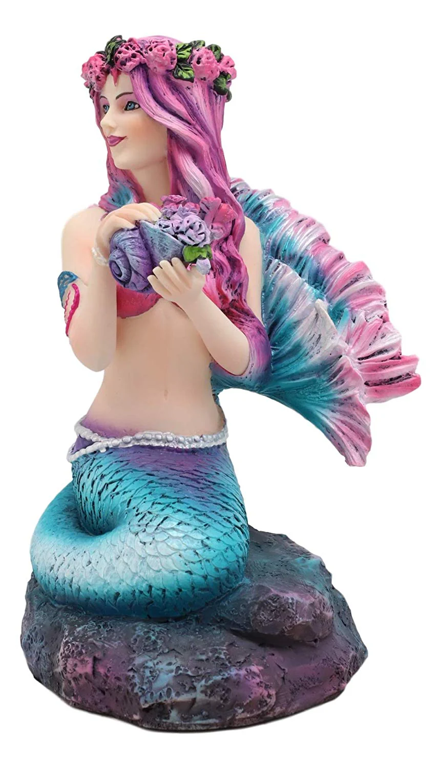Ebros Brigid Ashwood Mermaid Ocean Spring Flowers Holding Conch Statue 6.25" H - Image 2