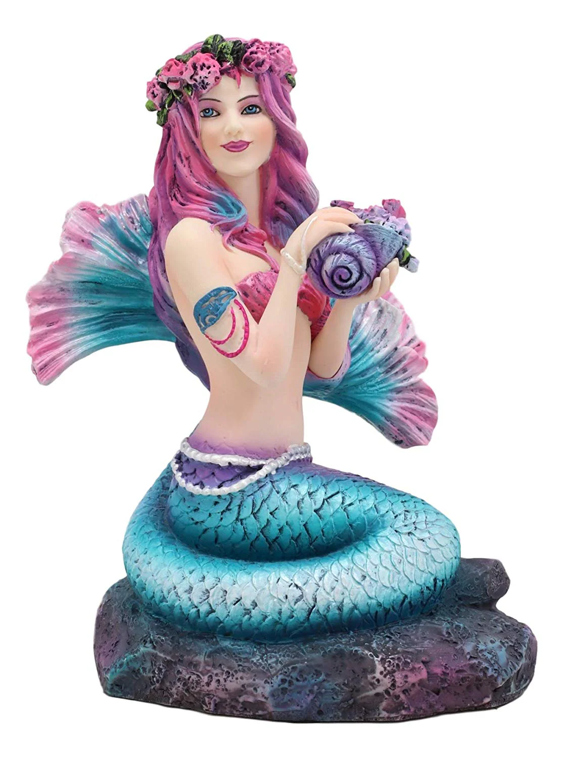 Ebros Brigid Ashwood Mermaid Ocean Spring Flowers Holding Conch Statue 6.25" H - Image 3