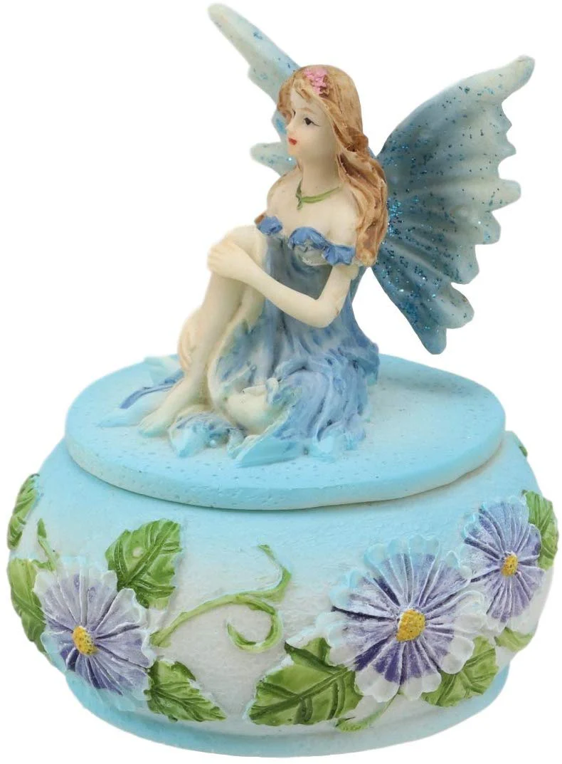 Ebros Blue Lily Flora Fairy Garden Fae Small Round Trinket Jewelry Box Figurine 3.25"H - Image 3