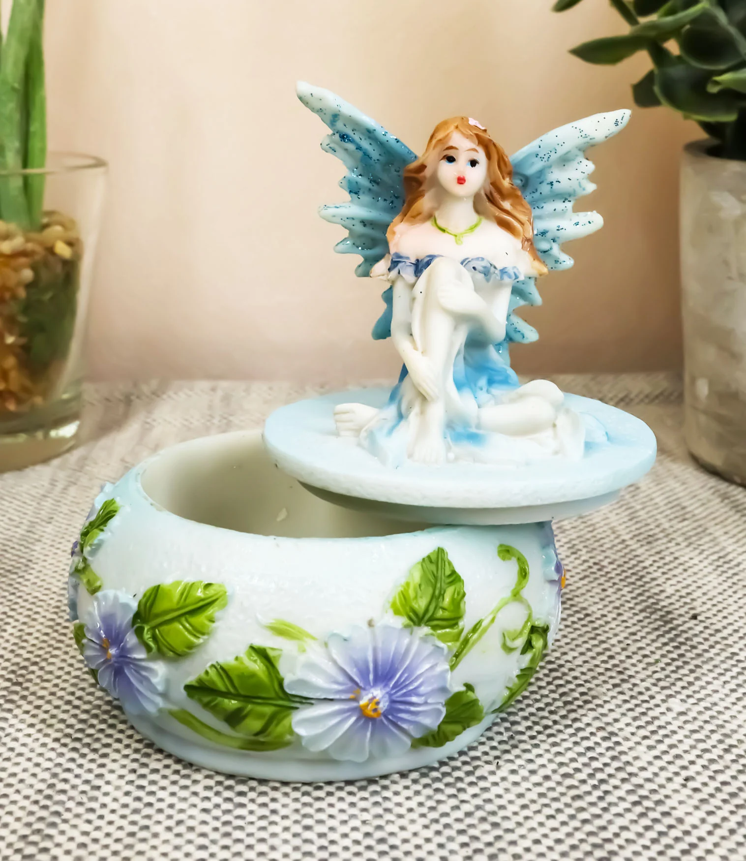 Ebros Blue Lily Flora Fairy Garden Fae Small Round Trinket Jewelry Box Figurine 3.25"H - Image 7