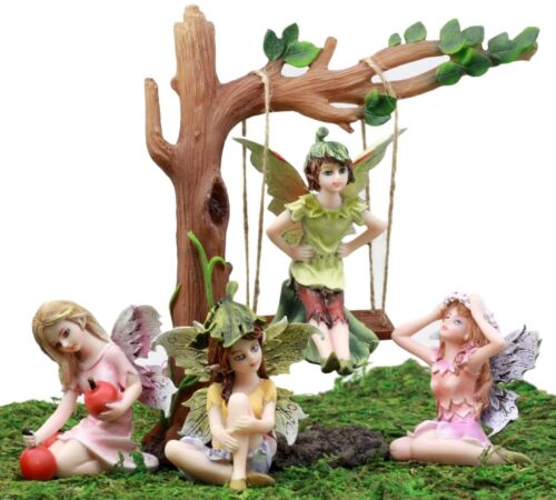 Fairy Garden Miniatures Starter Kit Tree Swing With Four Fairies Figurine Set - Image 3