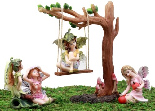 Fairy Garden Miniatures Starter Kit Tree Swing With Four Fairies Figurine Set - Image 4