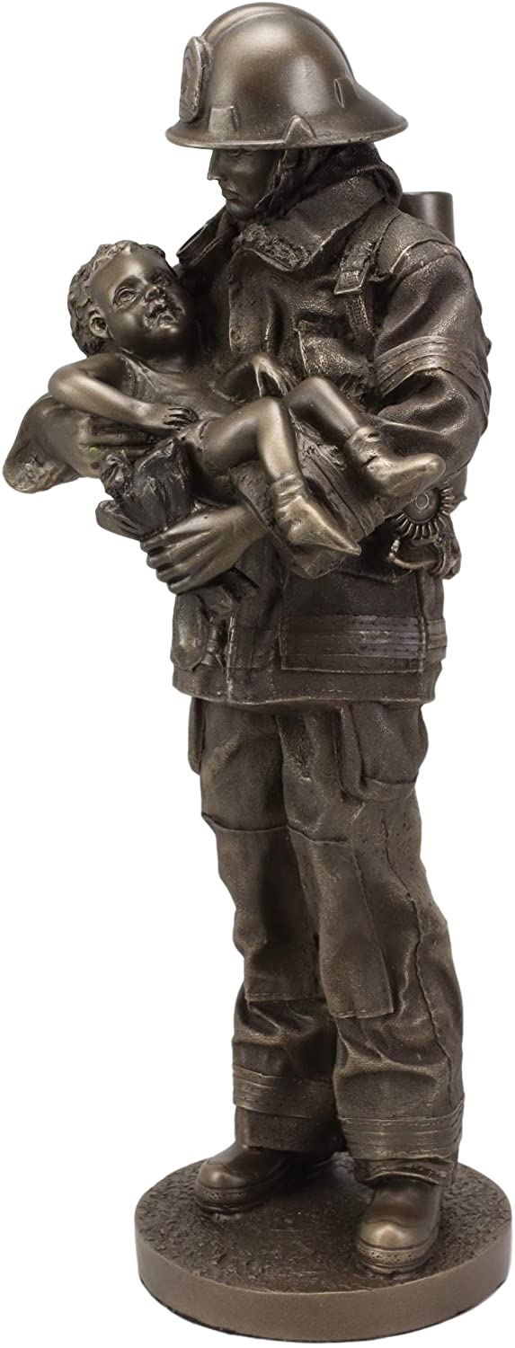 Ebros Gift Fireman Fire Fighter Holding Child Decorative Figurine 12" Tall Resin - Image 3
