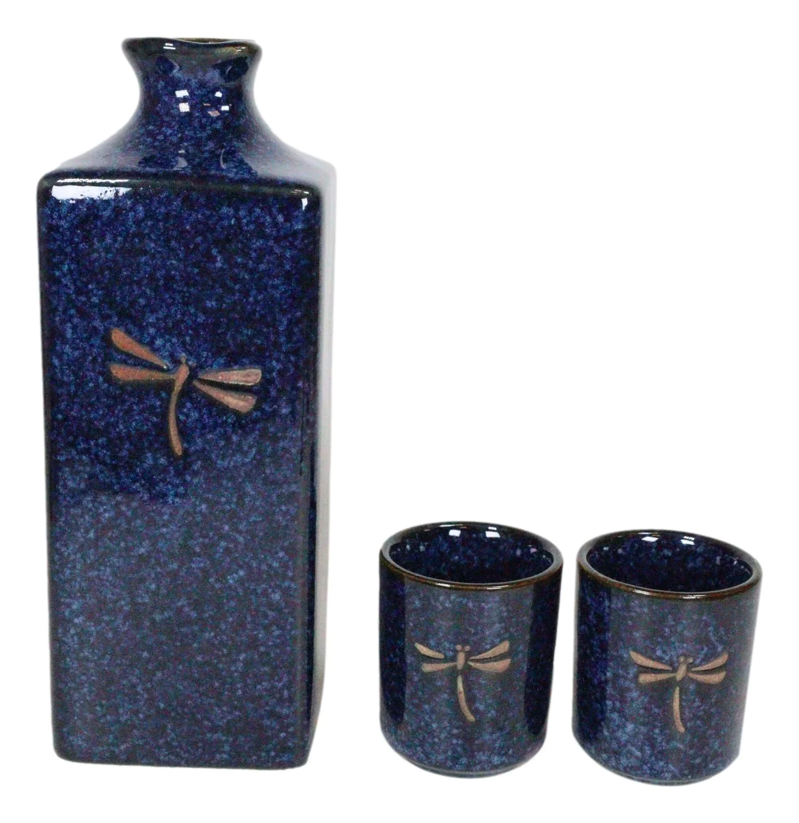 Japanese 14oz Ceramic Midnight Blue Dragonfly Tombo Sake Set Flask With Four Cups - Image 2